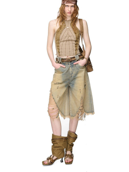 NORTH NODE Vintage Washed Distressed Ripped Wide Leg Women&