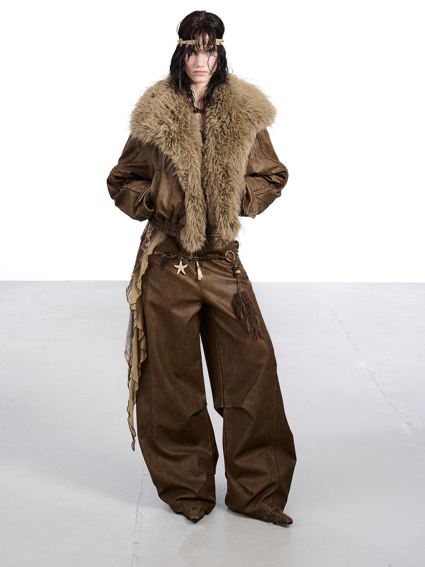 NORTH NODE Washed Big Faux Fur Collar Lapel Padded Short Punk Women&