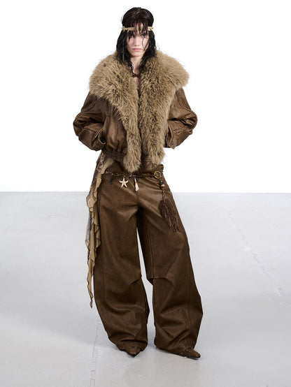 NORTH NODE Washed Big Faux Fur Collar Lapel Padded Short Punk Women&
