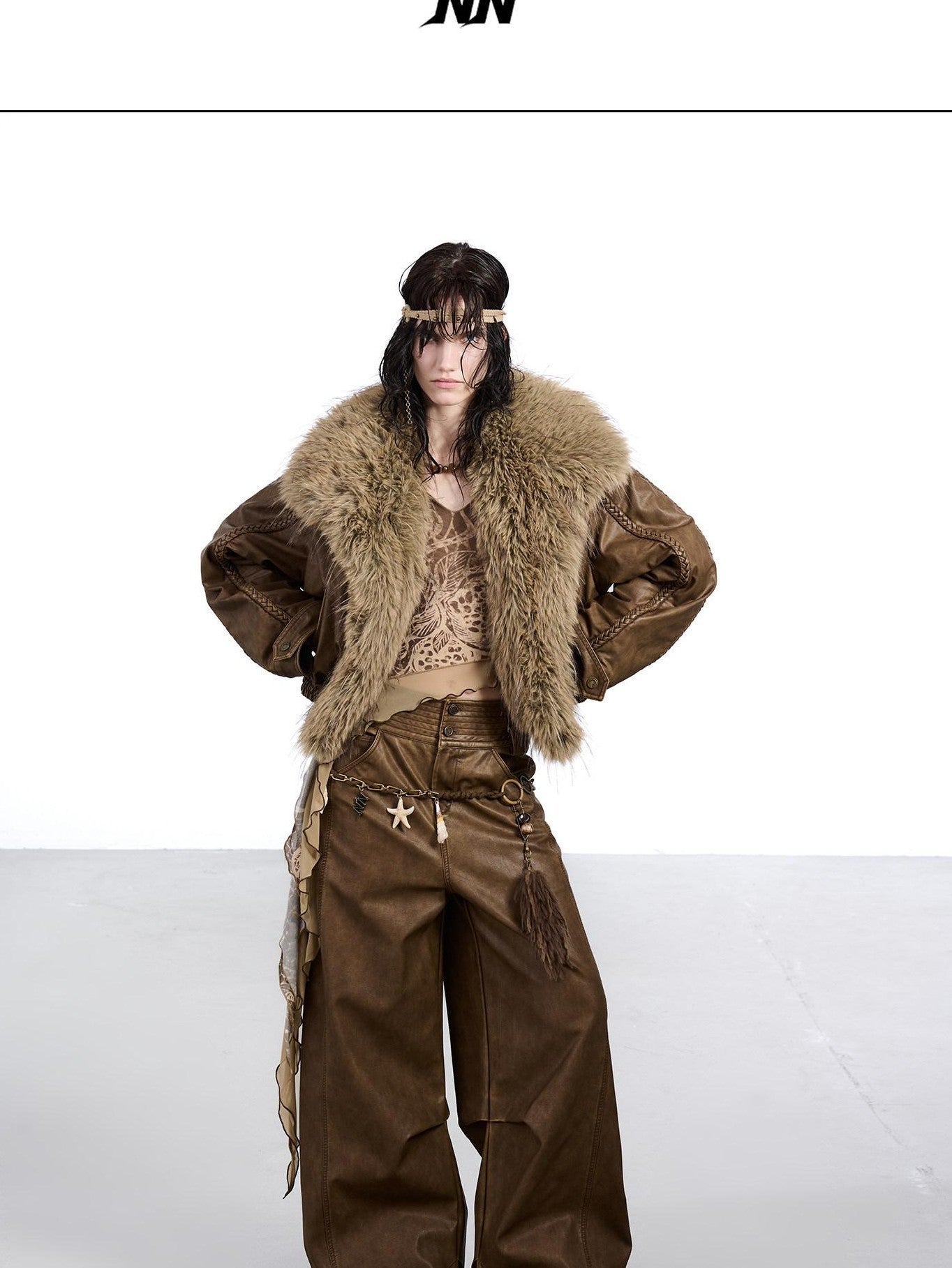 NORTH NODE Washed Big Faux Fur Collar Lapel Padded Short Punk Women&