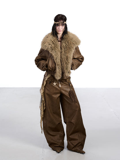NORTH NODE Washed Big Faux Fur Collar Lapel Padded Short Punk Women&