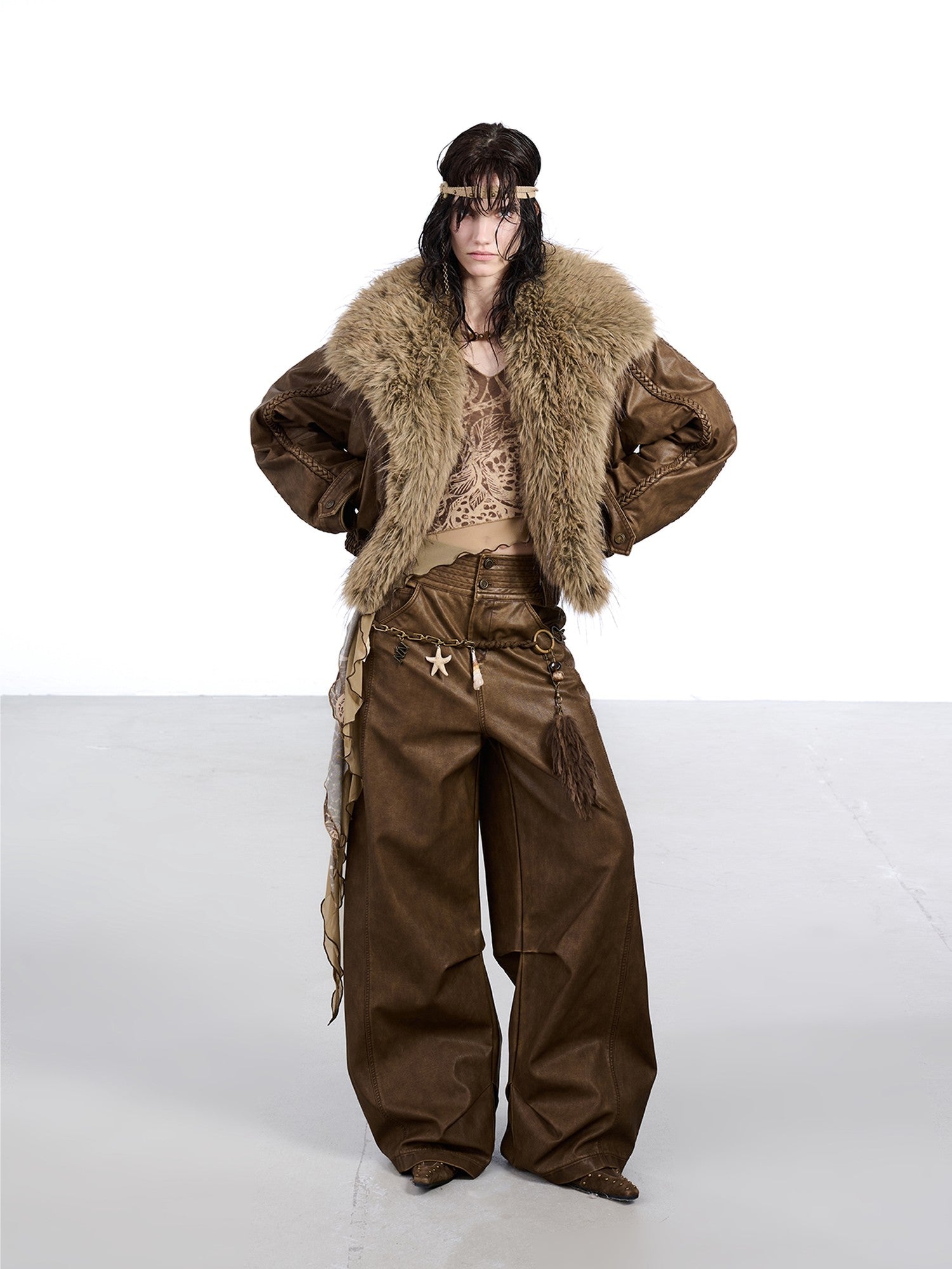 NORTH NODE Washed Big Faux Fur Collar Lapel Padded Short Punk Women&