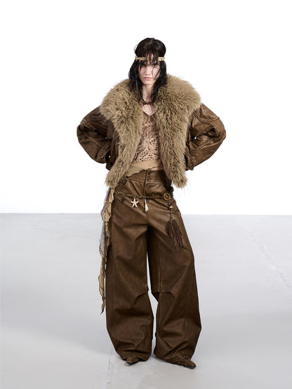 NORTH NODE Washed Big Faux Fur Collar Lapel Padded Short Punk Women&