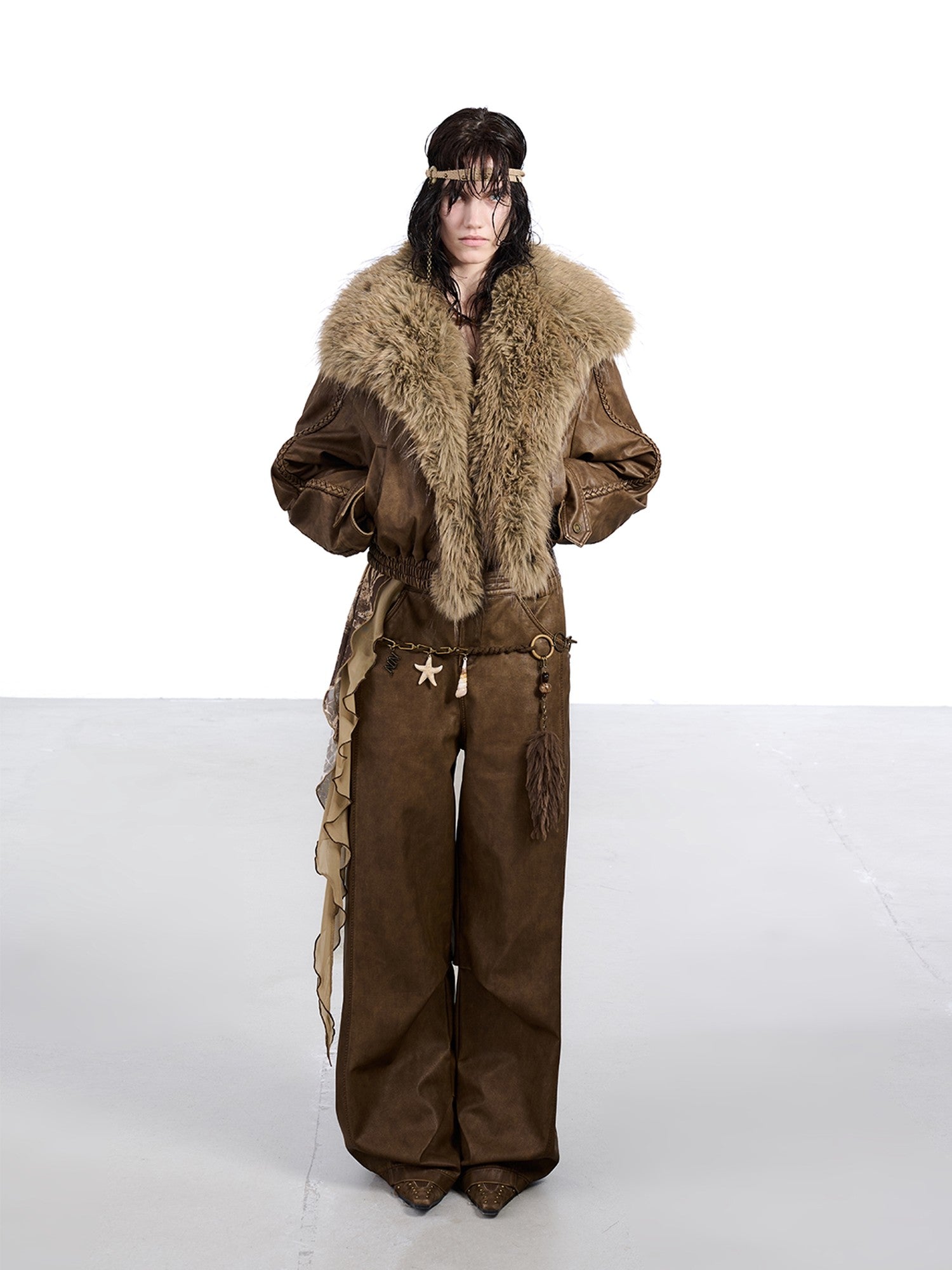 NORTH NODE Washed Big Faux Fur Collar Lapel Padded Short Punk Women&