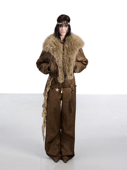 NORTH NODE Washed Big Faux Fur Collar Lapel Padded Short Punk Women&