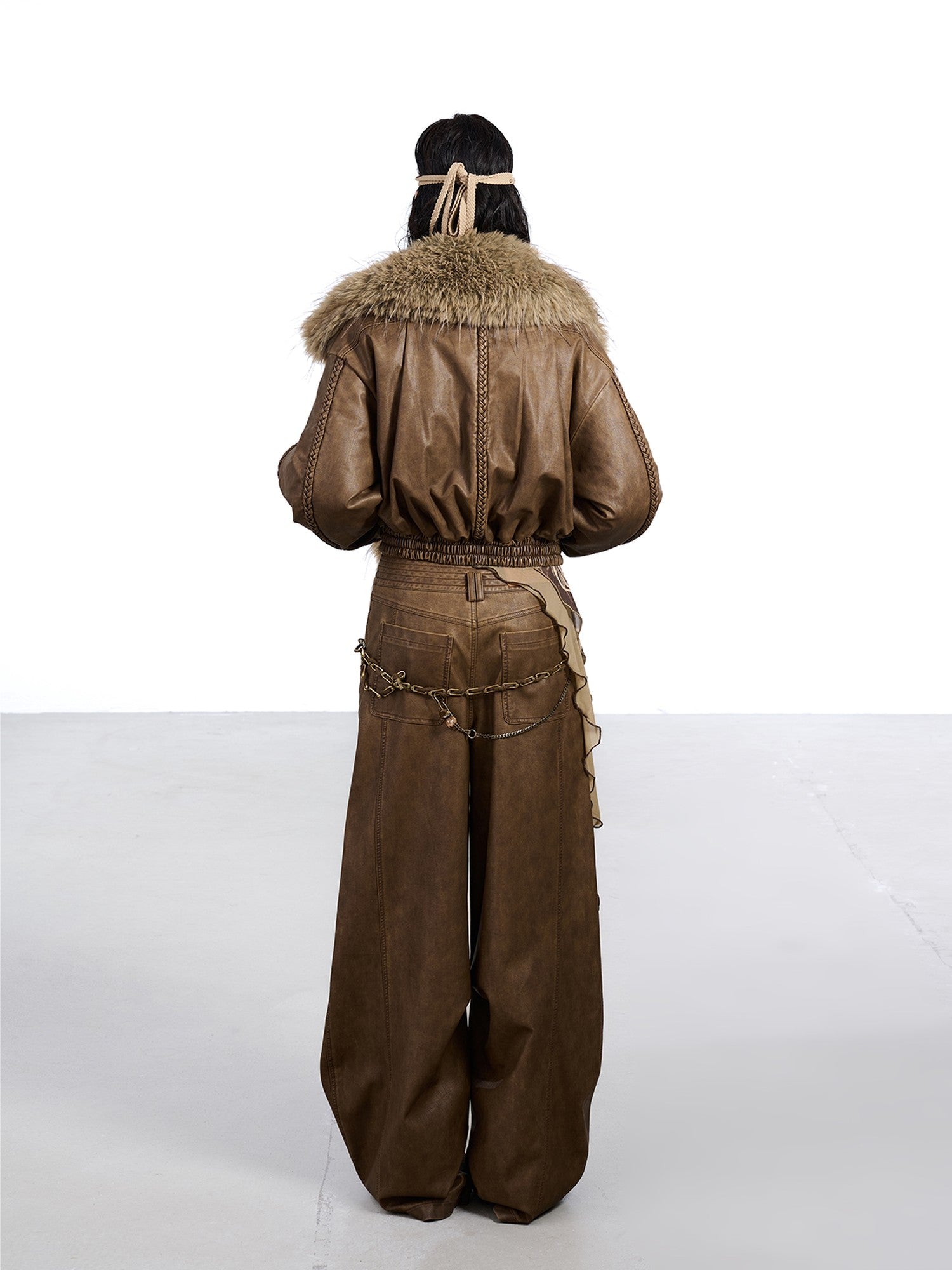 NORTH NODE Washed Big Faux Fur Collar Lapel Padded Short Punk Women&
