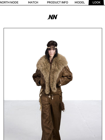 NORTH NODE Washed Big Faux Fur Collar Lapel Padded Short Punk Women&