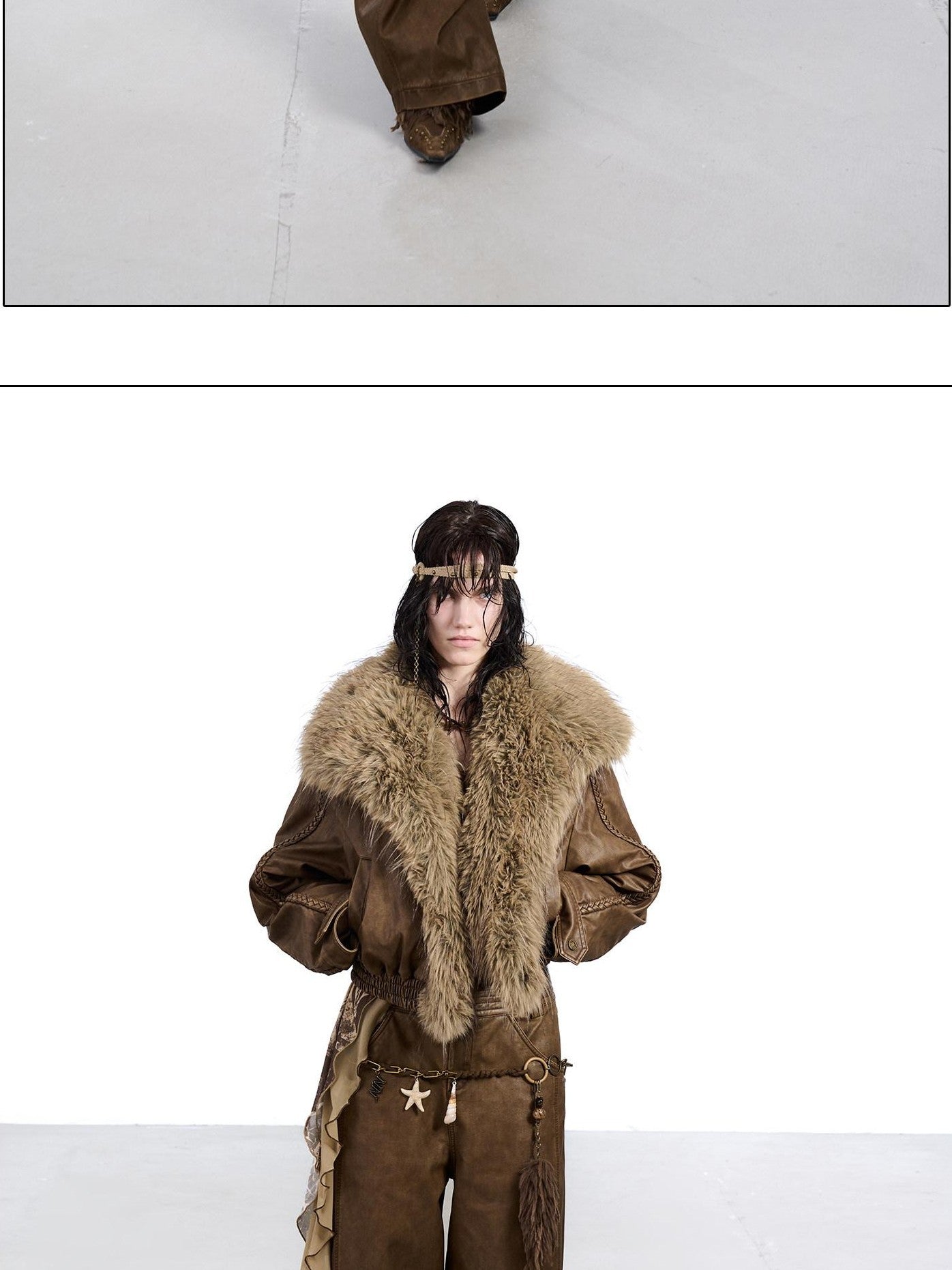NORTH NODE Washed Big Faux Fur Collar Lapel Padded Short Punk Women&