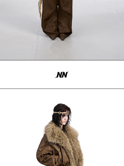 NORTH NODE Washed Big Faux Fur Collar Lapel Padded Short Punk Women&