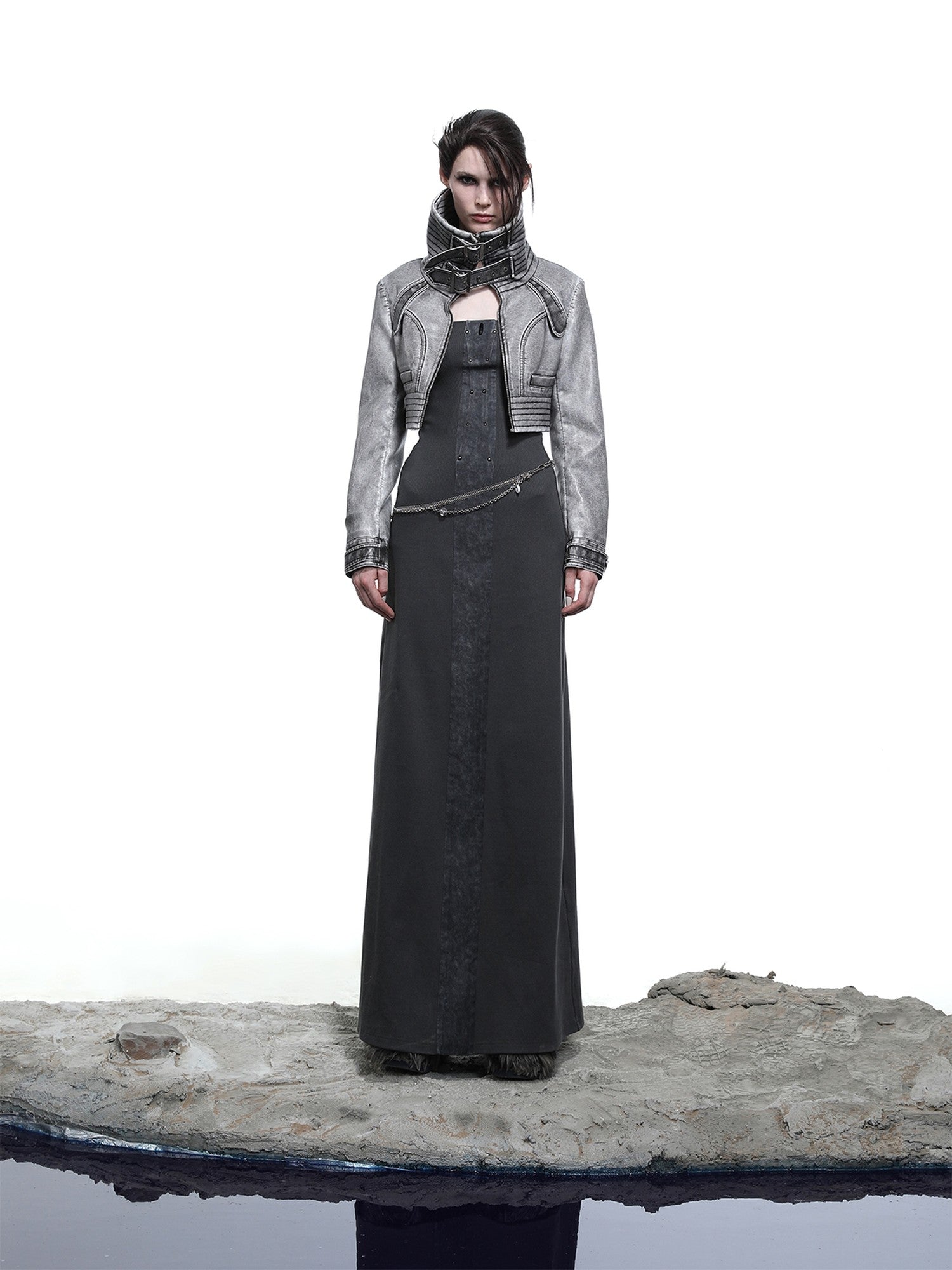NORTH NODE Washed Biker Zipper Slim Lapel Short Women&