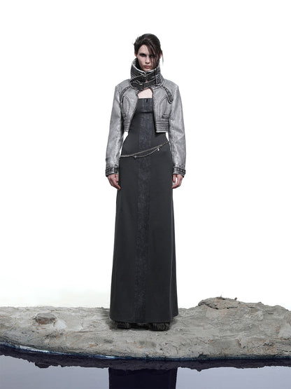 NORTH NODE Washed Biker Zipper Slim Lapel Short Women&