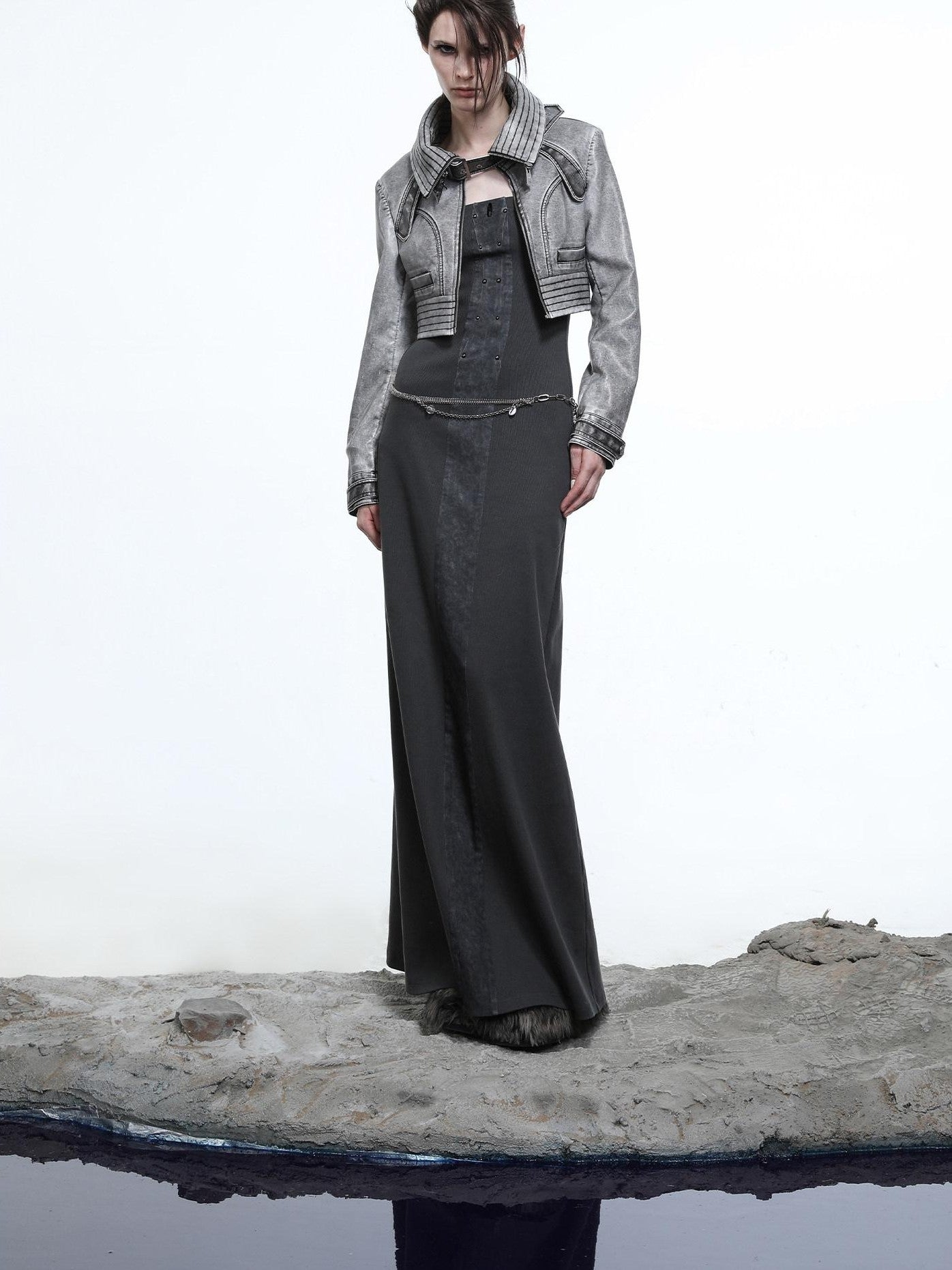 NORTH NODE Washed Biker Zipper Slim Lapel Short Women&