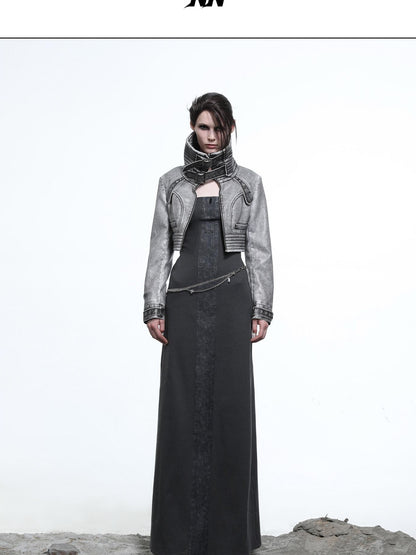 NORTH NODE Washed Biker Zipper Slim Lapel Short Women&