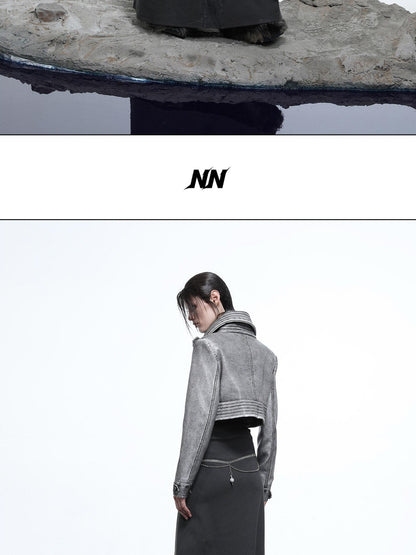 NORTH NODE Washed Biker Zipper Slim Lapel Short Women&