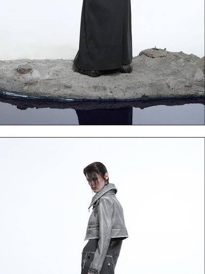 NORTH NODE Washed Biker Zipper Slim Lapel Short Women&
