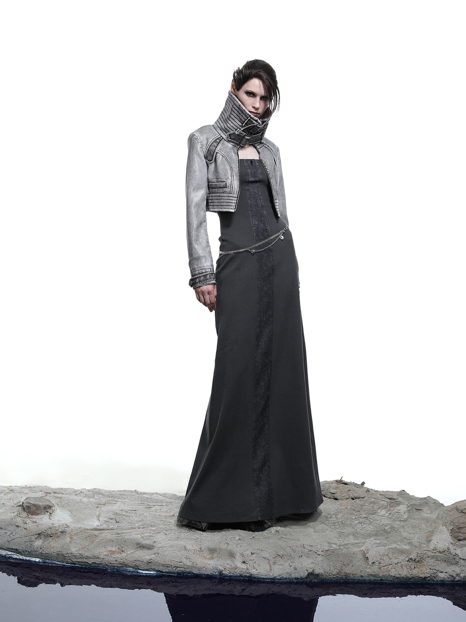 NORTH NODE Washed Biker Zipper Slim Lapel Short Women&