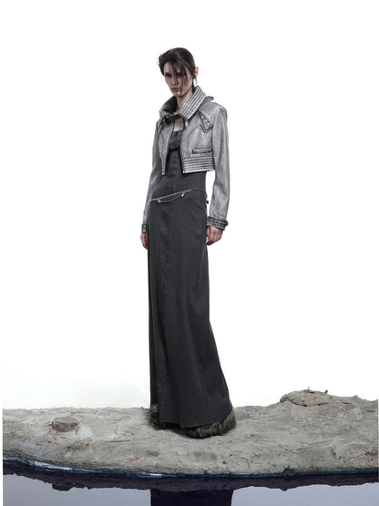 NORTH NODE Washed Biker Zipper Slim Lapel Short Women&