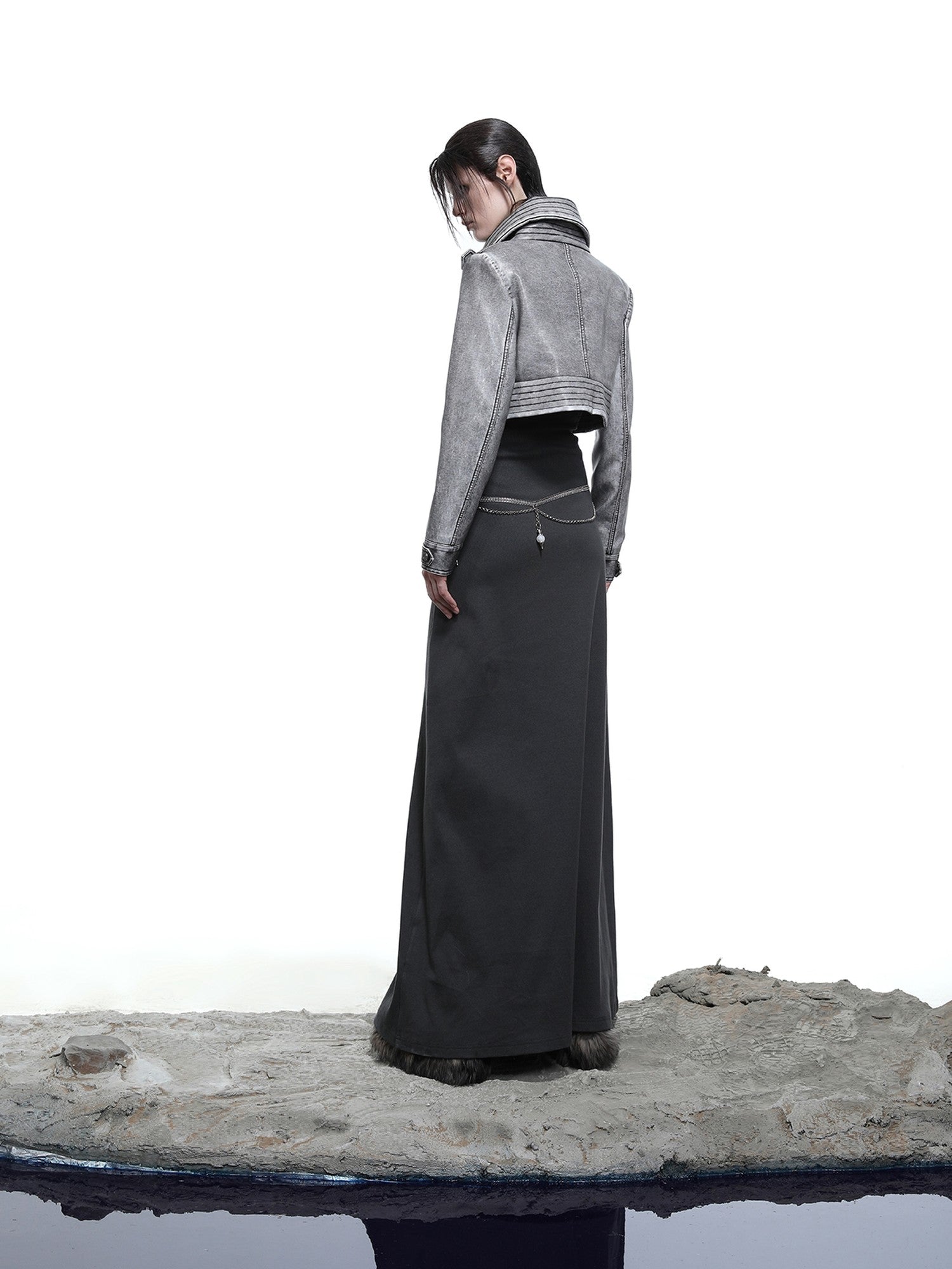 NORTH NODE Washed Biker Zipper Slim Lapel Short Women&