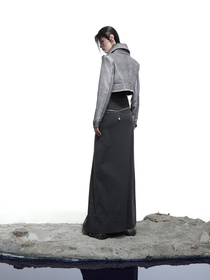 NORTH NODE Washed Biker Zipper Slim Lapel Short Women&