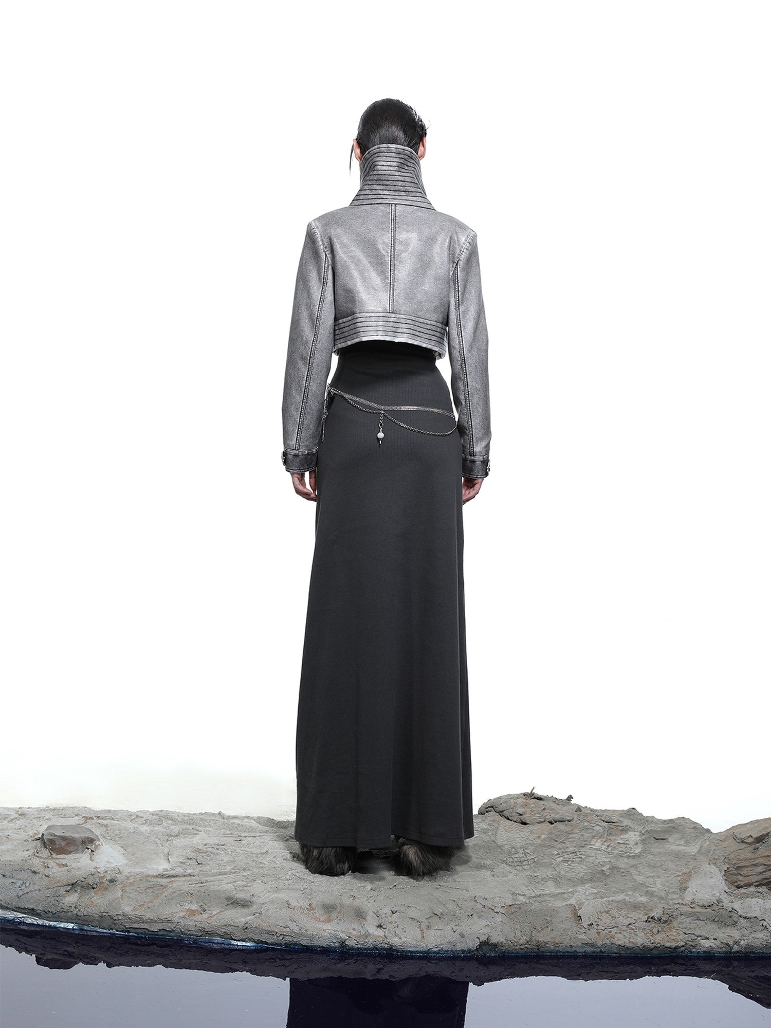 NORTH NODE Washed Biker Zipper Slim Lapel Short Women&