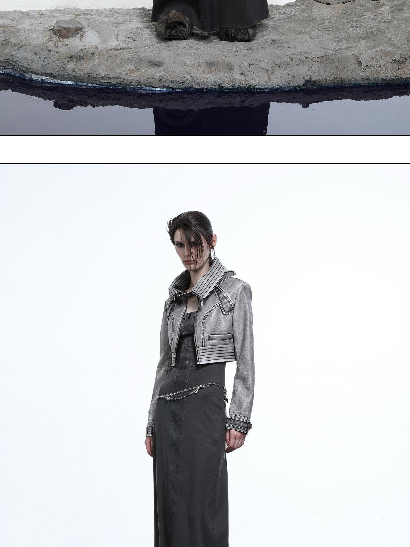 NORTH NODE Washed Biker Zipper Slim Lapel Short Women&