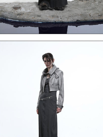 NORTH NODE Washed Biker Zipper Slim Lapel Short Women&