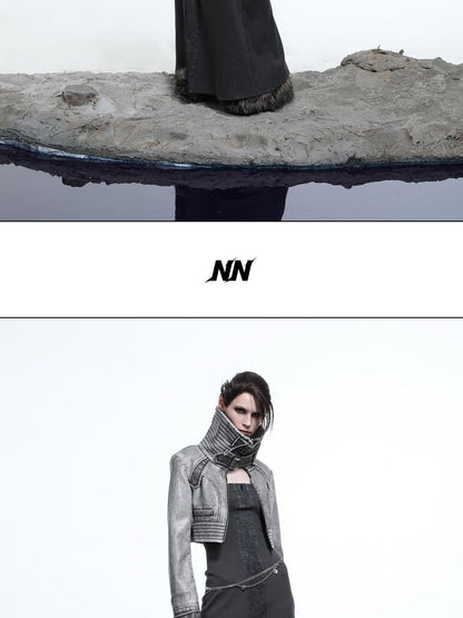 NORTH NODE Washed Biker Zipper Slim Lapel Short Women&
