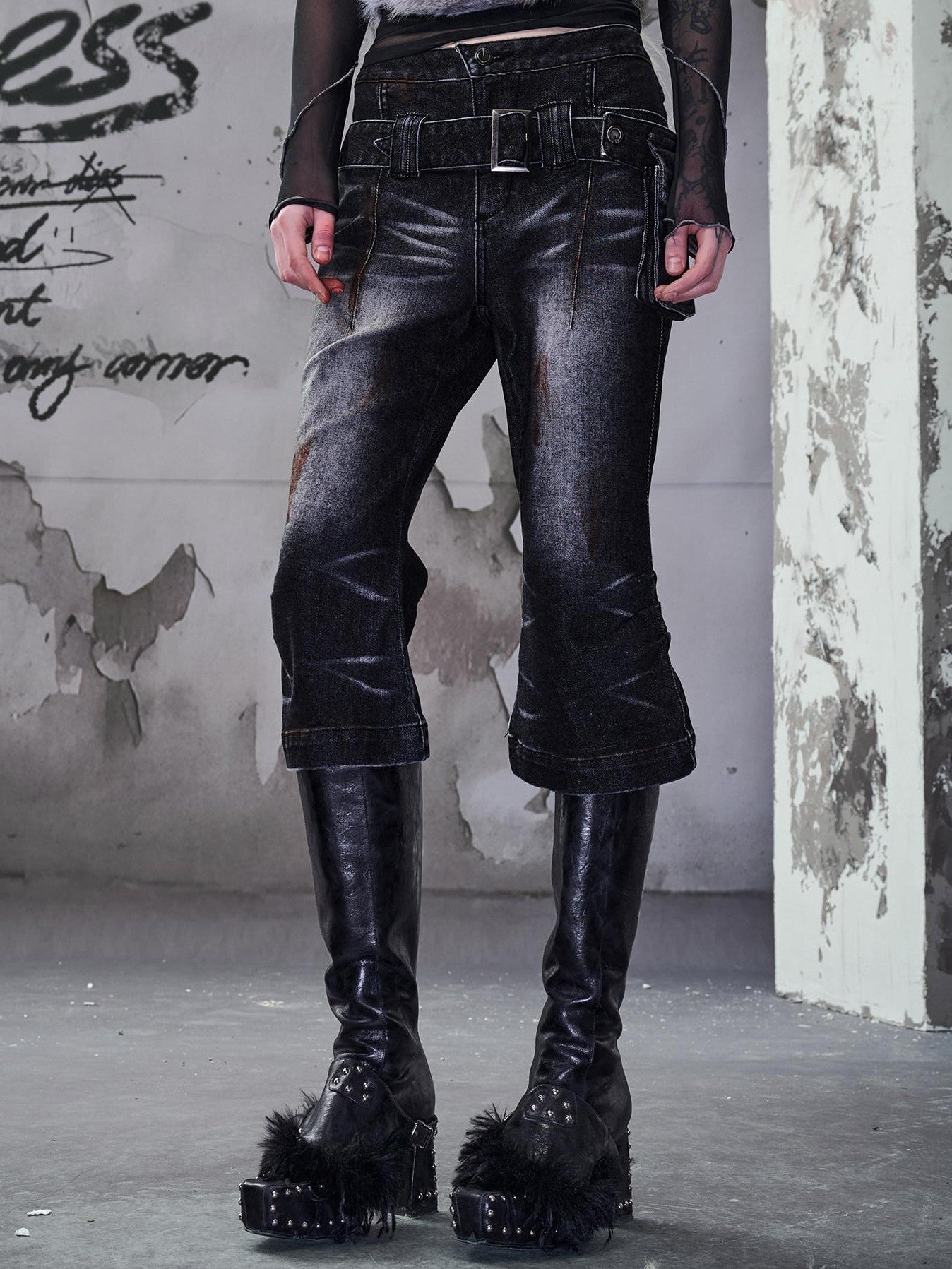NORTH NODE Washed Black Rust Distressed Bootcut Women&