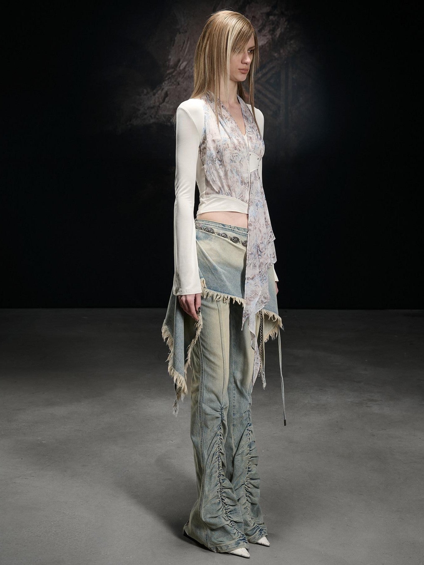 NORTH NODE Washed Blue Ruched Pleat Stretch Slimming Women&