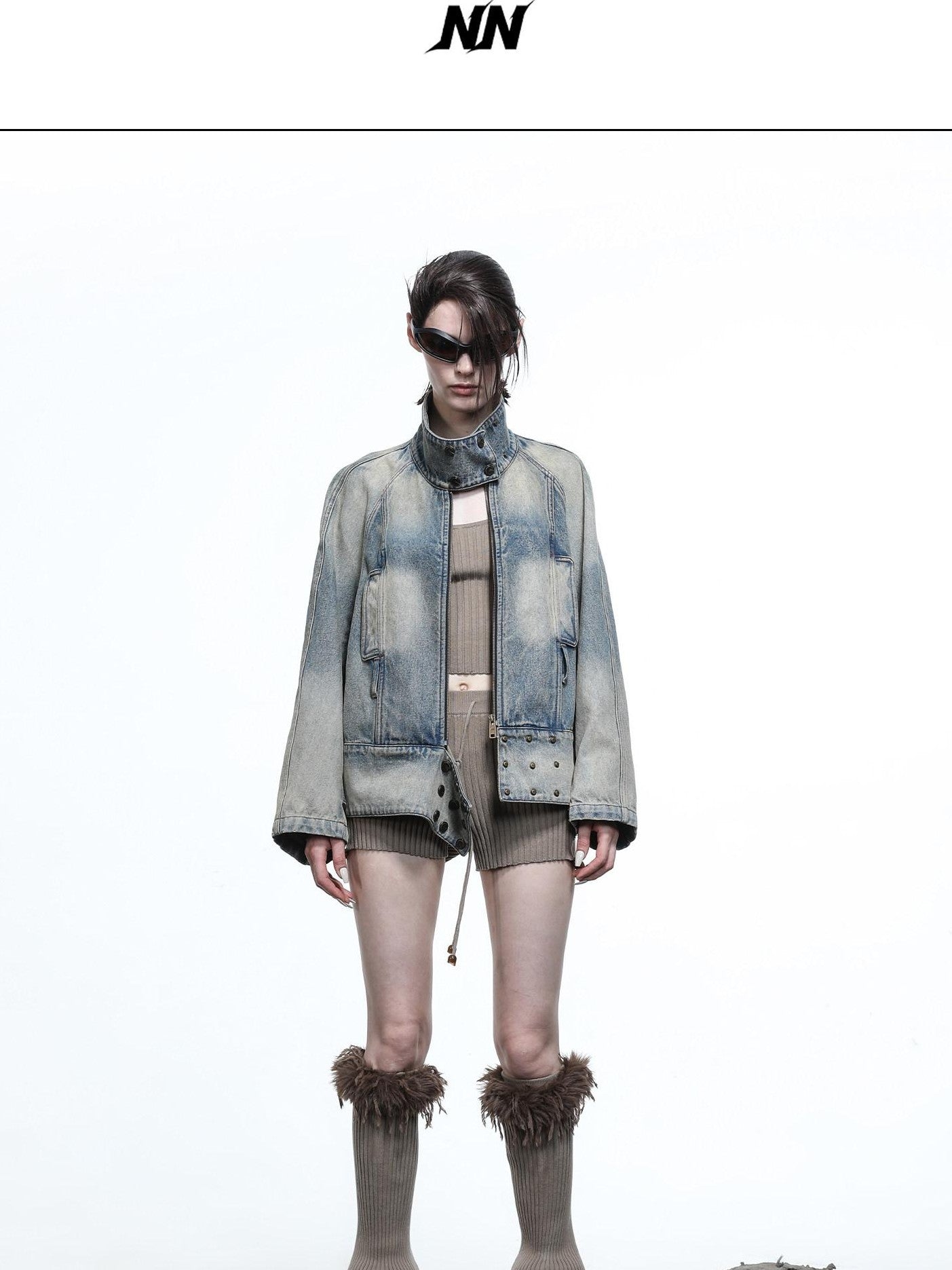 Washed Blue S Grade Heavy Wash Scarf Collar Women&