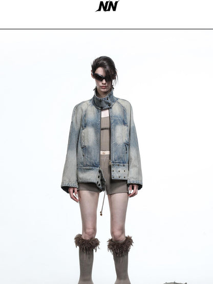 Washed Blue S Grade Heavy Wash Scarf Collar Women&