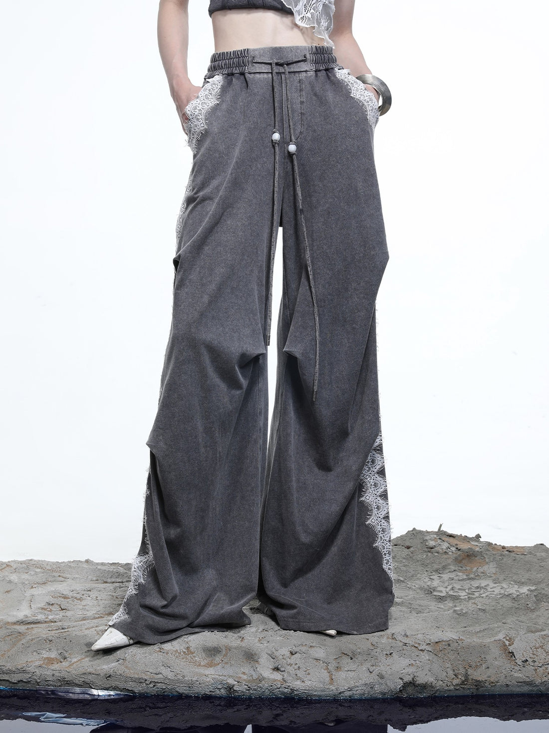 NORTH NODE Washed Casual Lace Panel Elastic Waist Women&