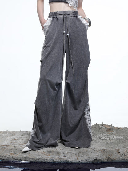 NORTH NODE Washed Casual Lace Panel Elastic Waist Women&