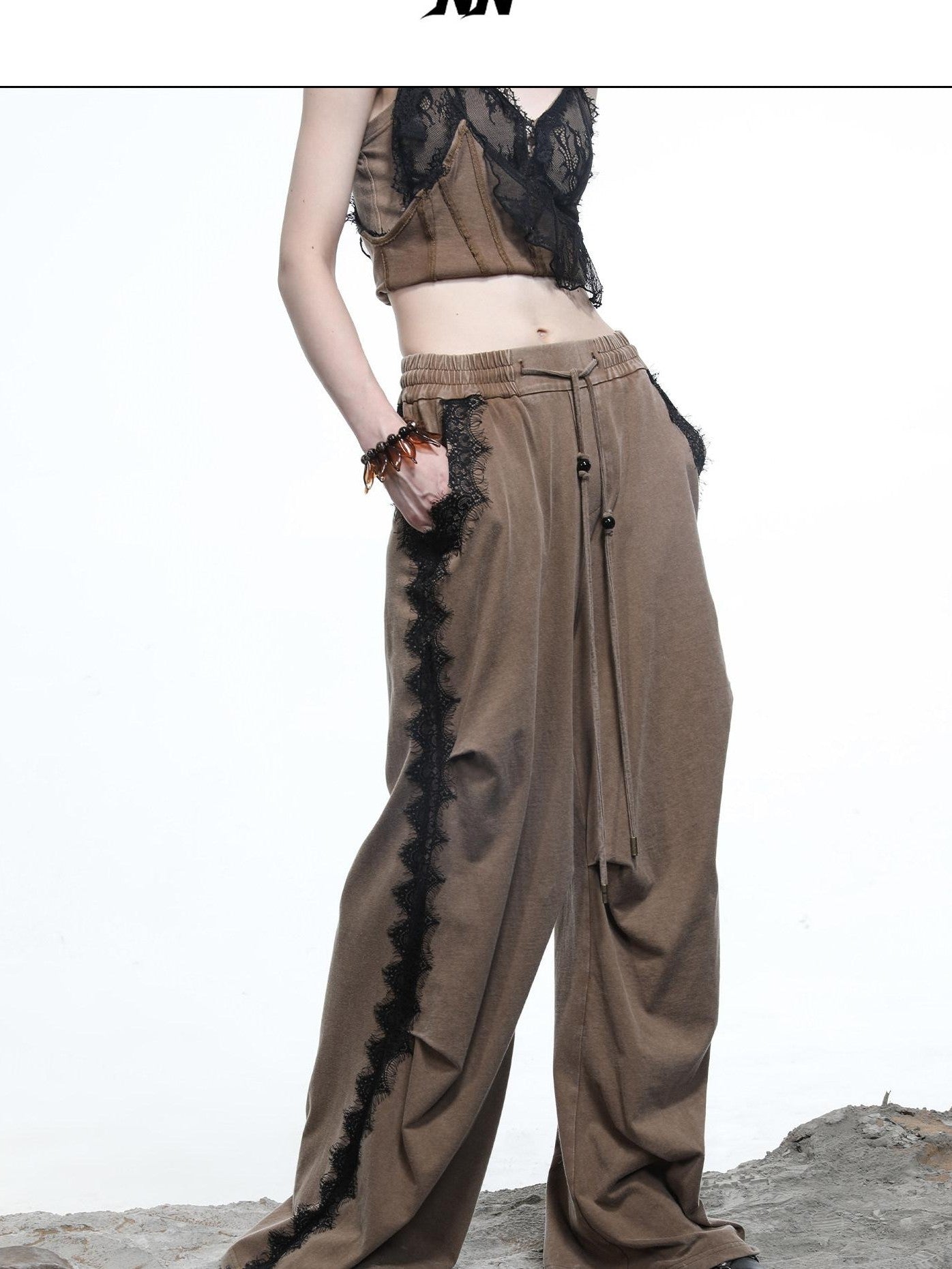 NORTH NODE Washed Casual Lace Panel Elastic Waist Women&