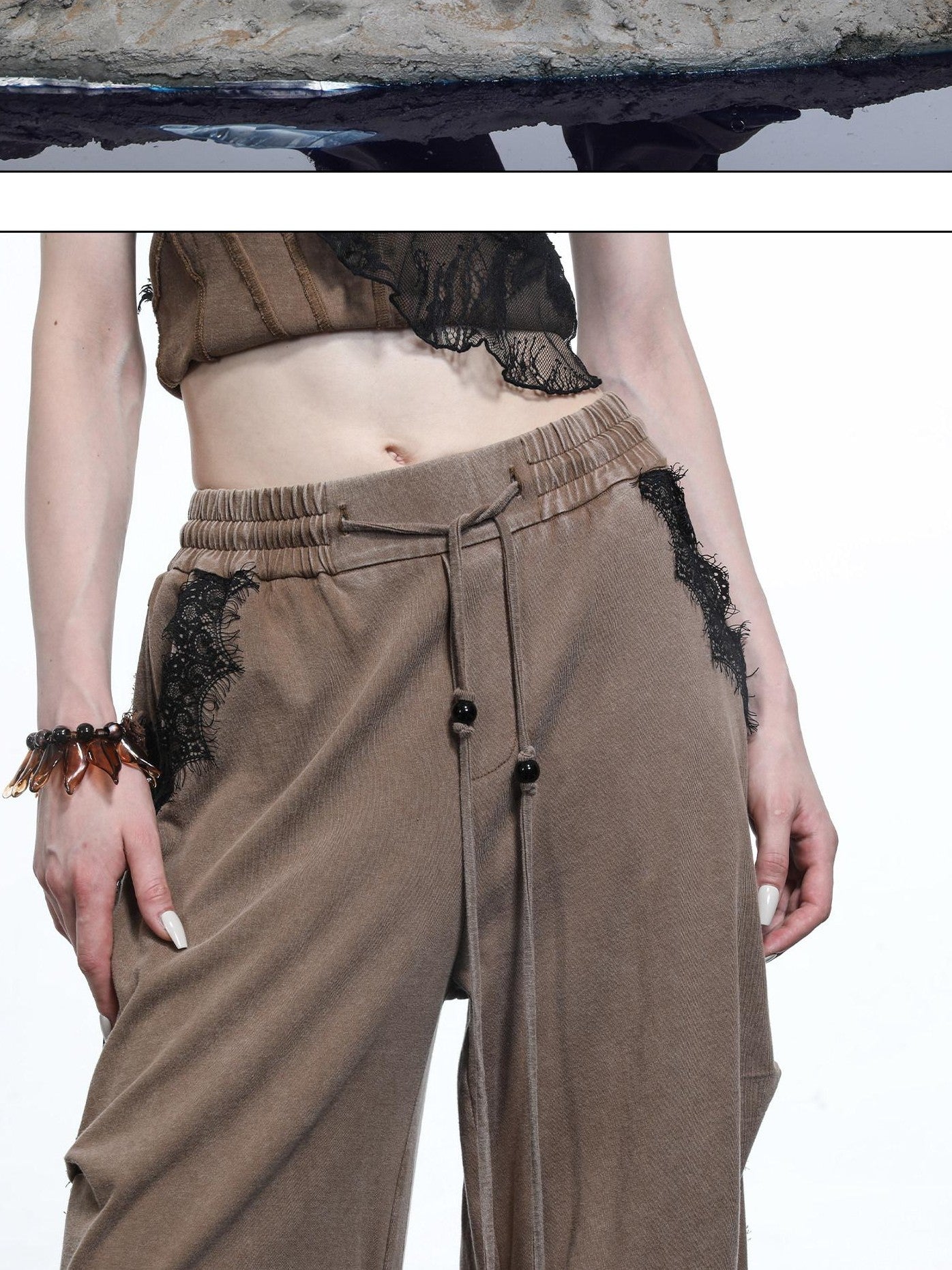 NORTH NODE Washed Casual Lace Panel Elastic Waist Women&