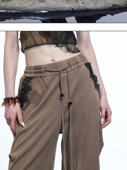 NORTH NODE Washed Casual Lace Panel Elastic Waist Women&