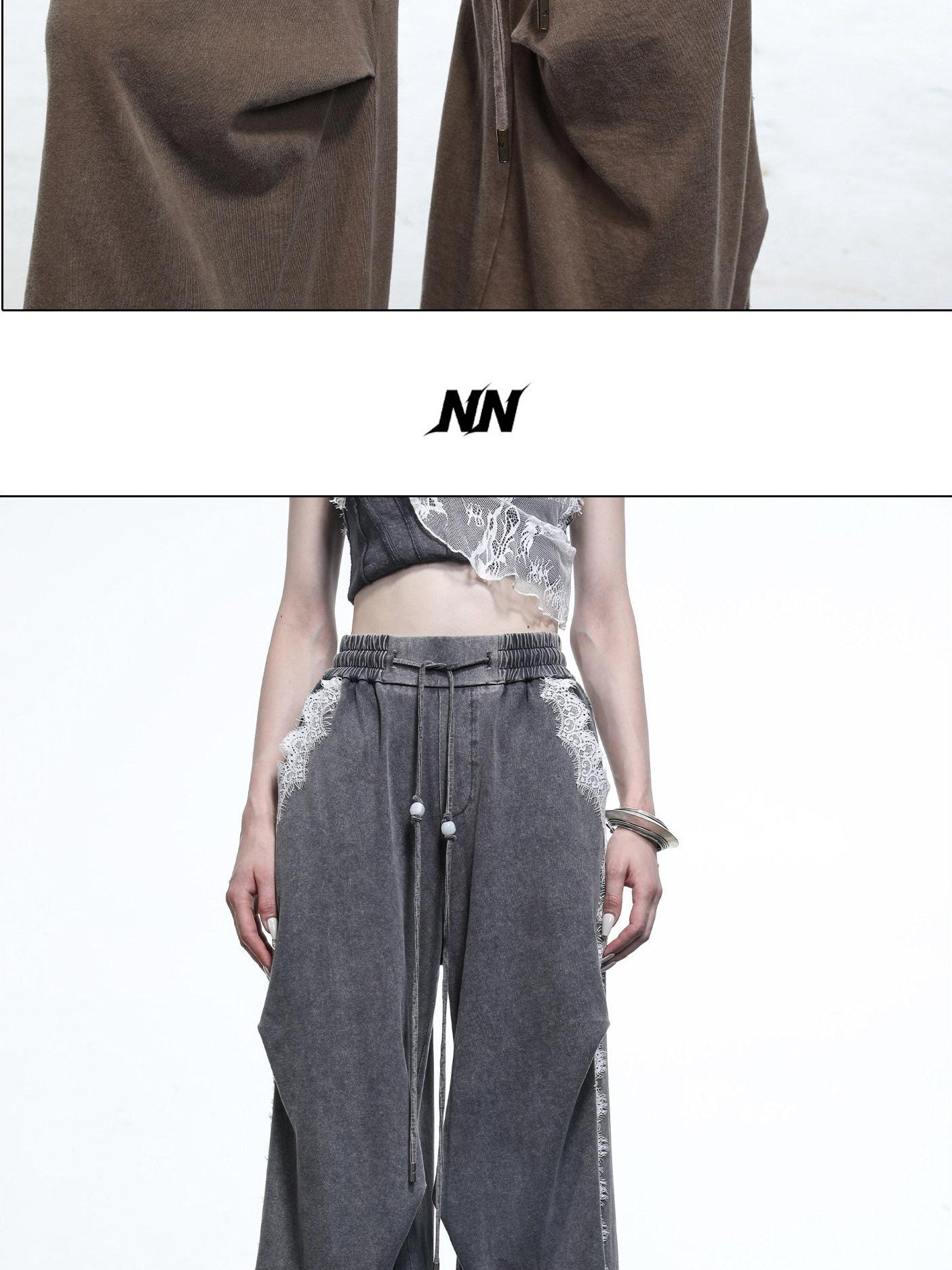 NORTH NODE Washed Casual Lace Panel Elastic Waist Women&