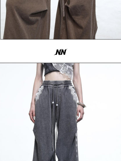 NORTH NODE Washed Casual Lace Panel Elastic Waist Women&