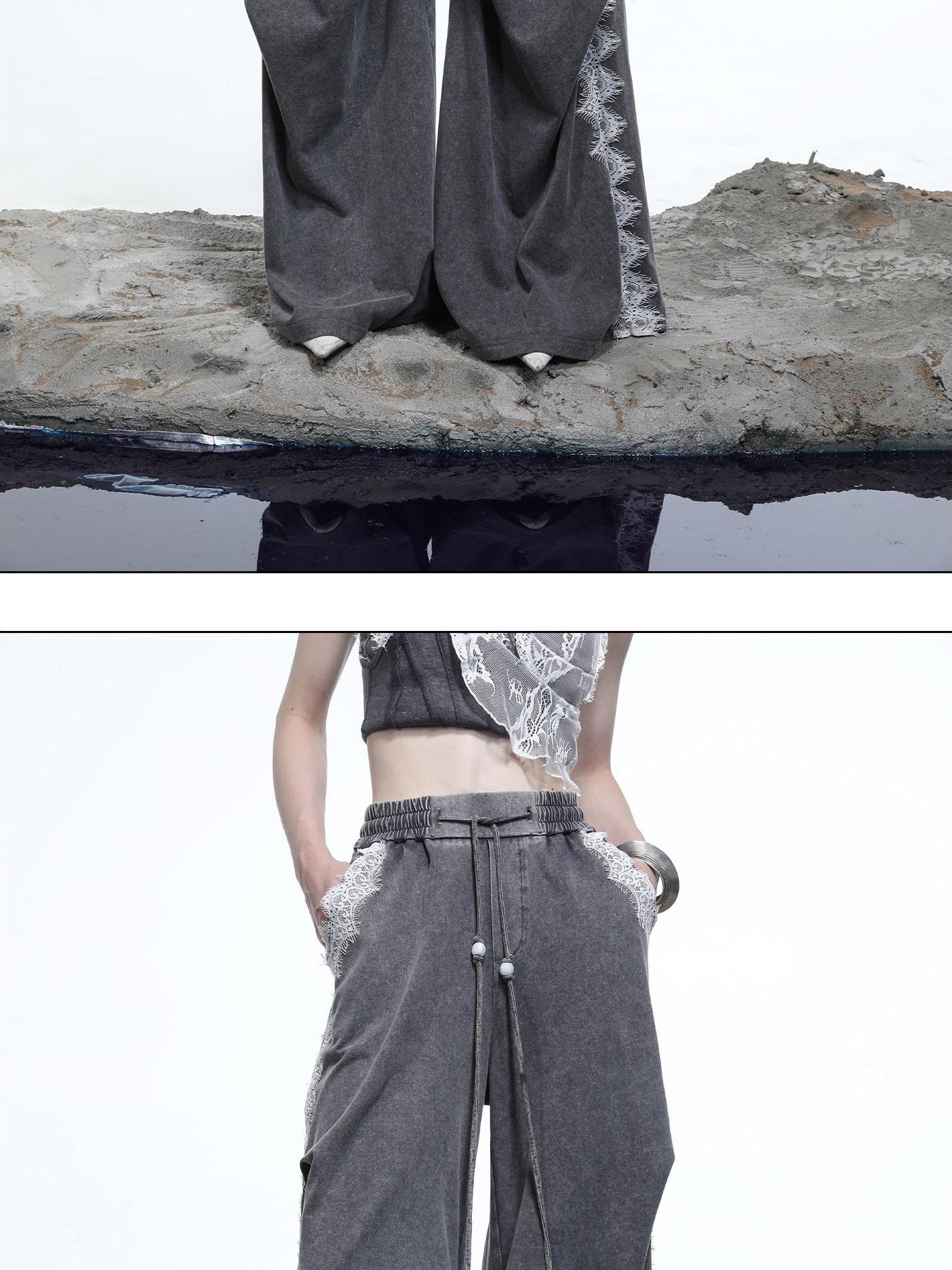 NORTH NODE Washed Casual Lace Panel Elastic Waist Women&