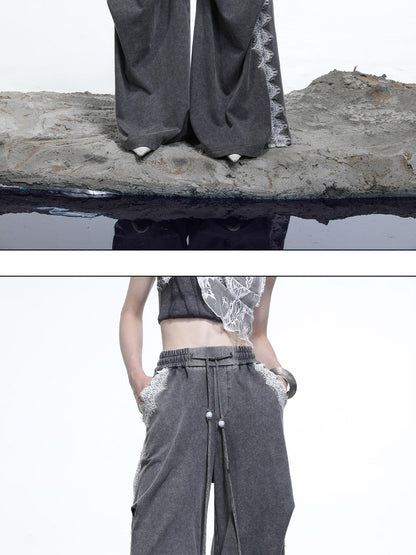 NORTH NODE Washed Casual Lace Panel Elastic Waist Women&