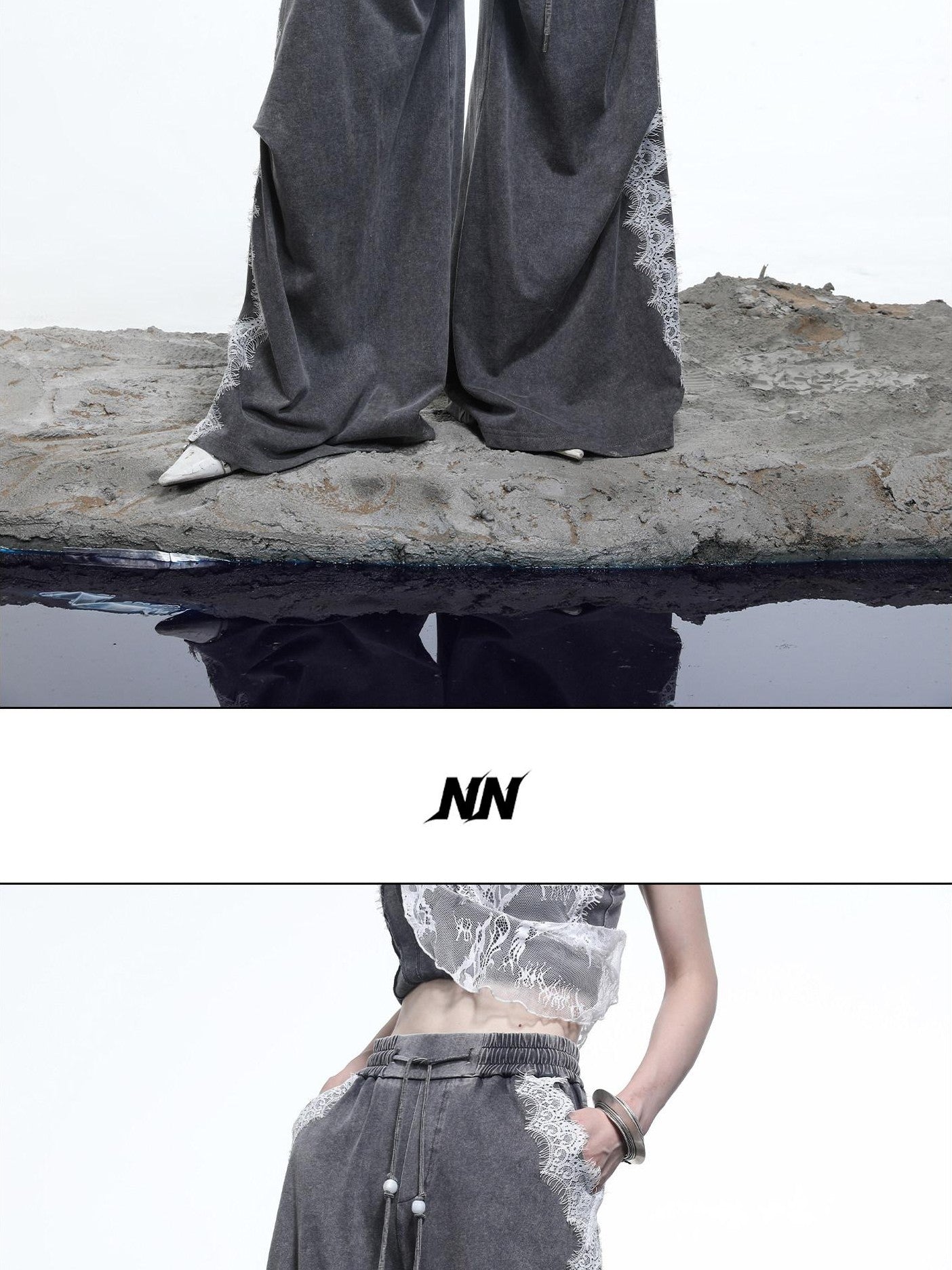 NORTH NODE Washed Casual Lace Panel Elastic Waist Women&