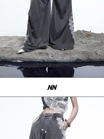 NORTH NODE Washed Casual Lace Panel Elastic Waist Women&