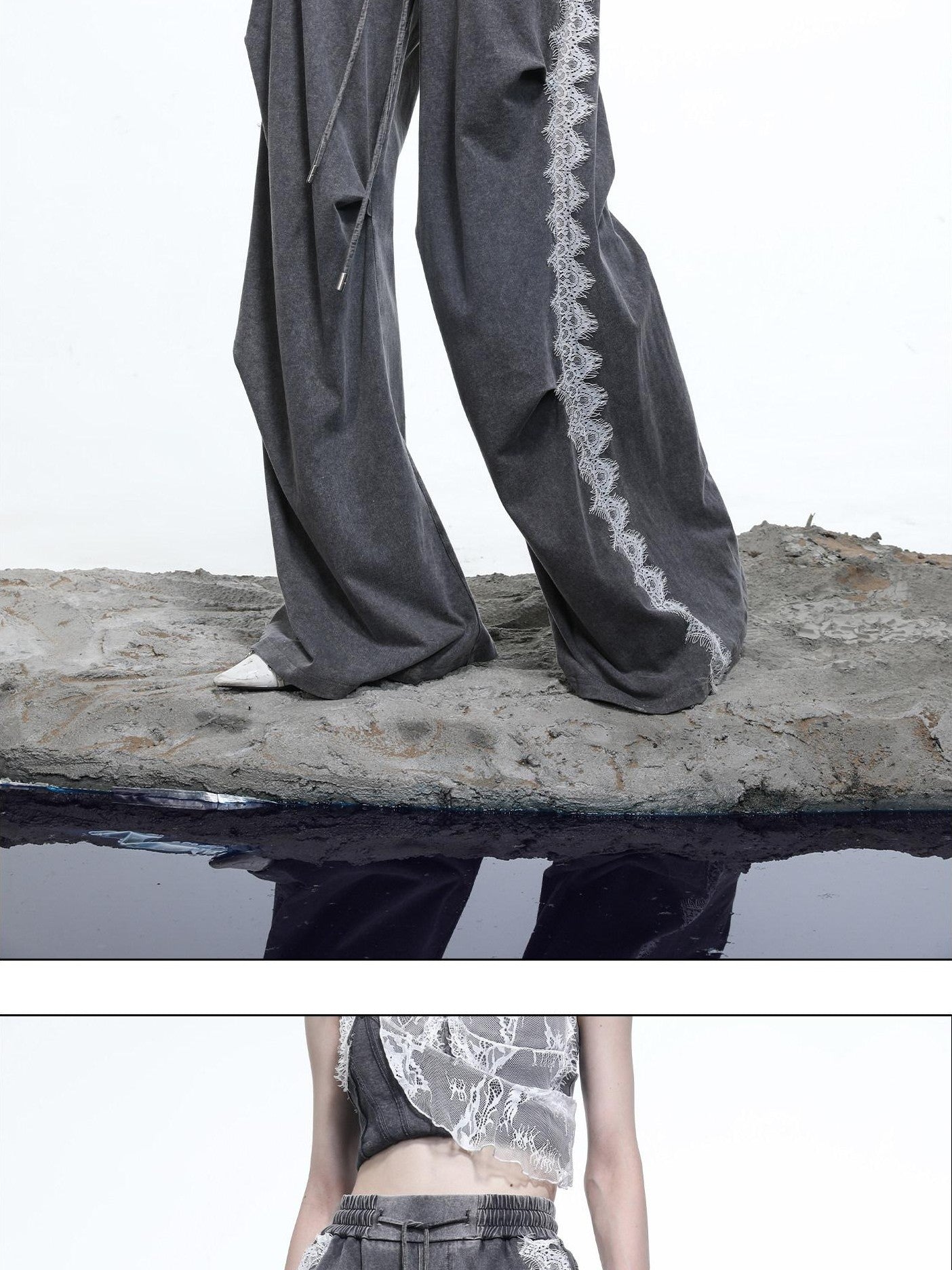 NORTH NODE Washed Casual Lace Panel Elastic Waist Women&