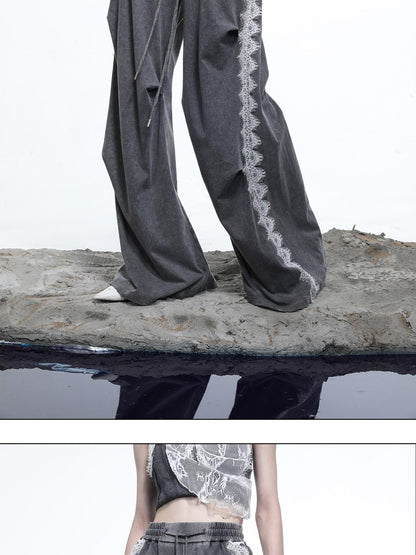 NORTH NODE Washed Casual Lace Panel Elastic Waist Women&