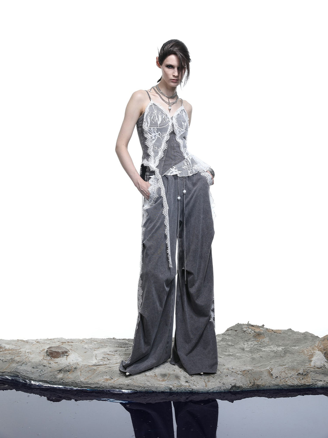 NORTH NODE Washed Casual Lace Panel Elastic Waist Women&