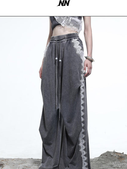 NORTH NODE Washed Casual Lace Panel Elastic Waist Women&