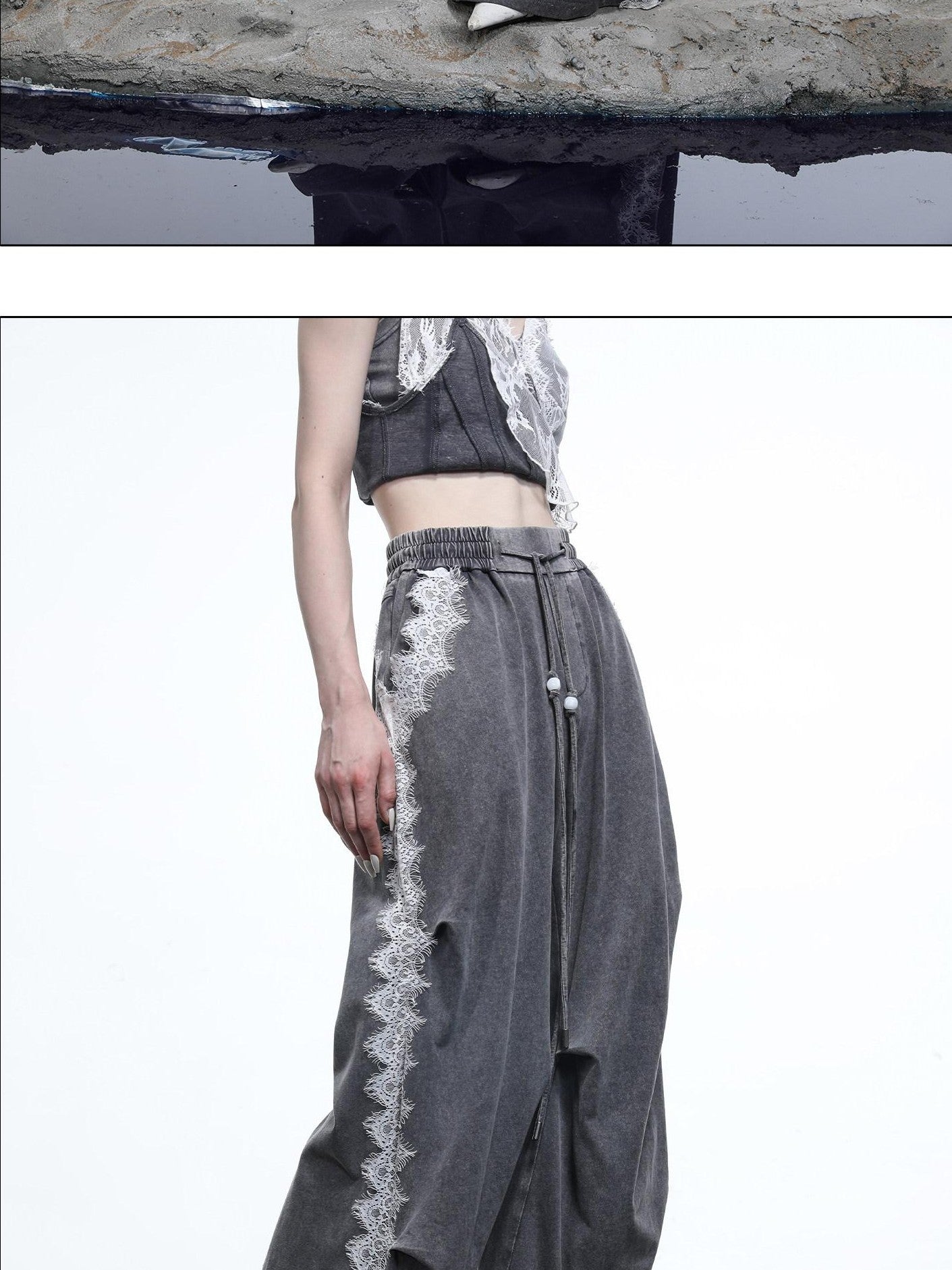NORTH NODE Washed Casual Lace Panel Elastic Waist Women&