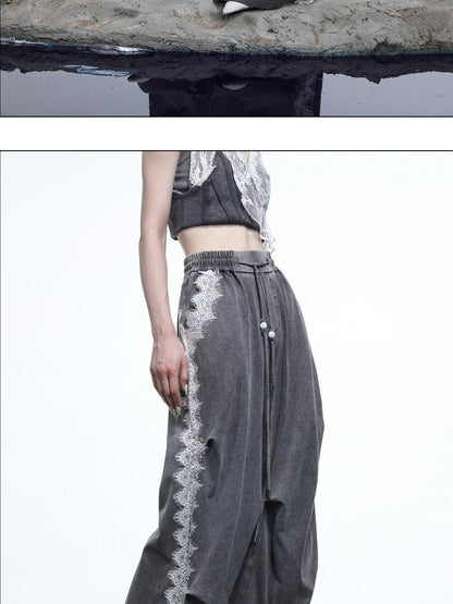 NORTH NODE Washed Casual Lace Panel Elastic Waist Women&