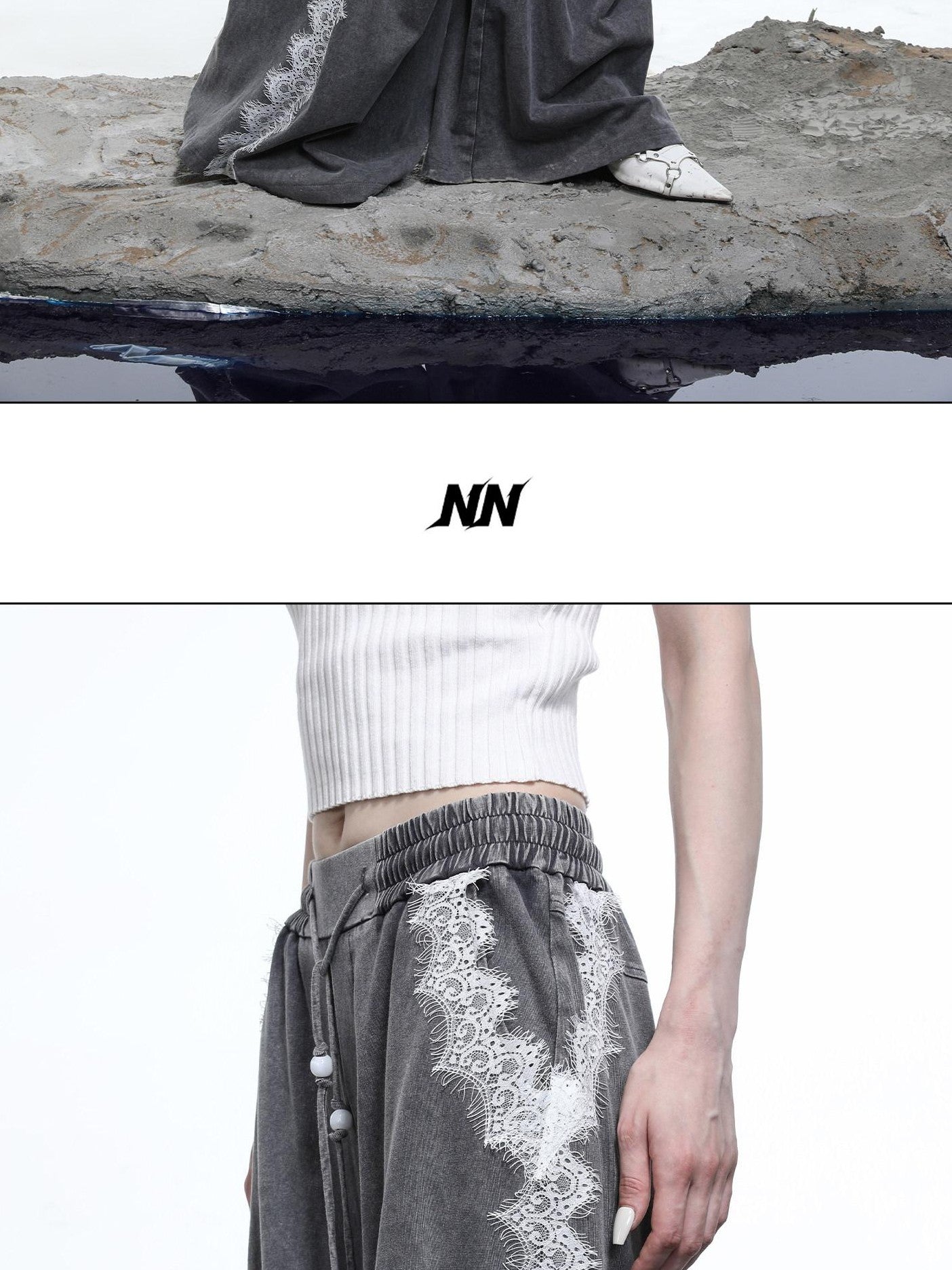 NORTH NODE Washed Casual Lace Panel Elastic Waist Women&