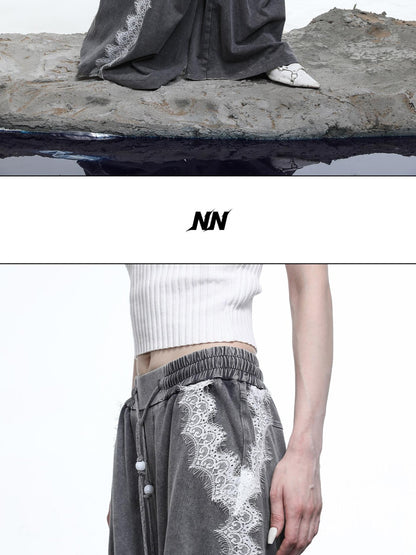 NORTH NODE Washed Casual Lace Panel Elastic Waist Women&